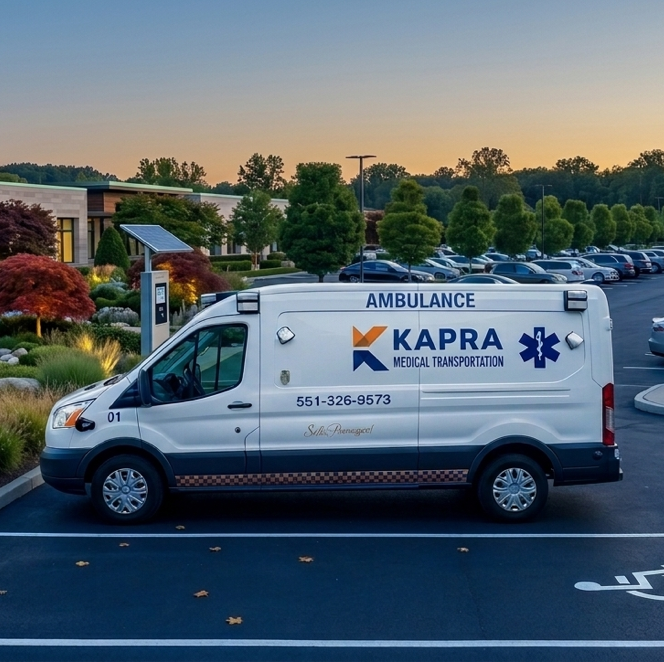 Kapra Medical Transportation ambulance vehicle, professional emergency medical transport, clean white ambulance exterior