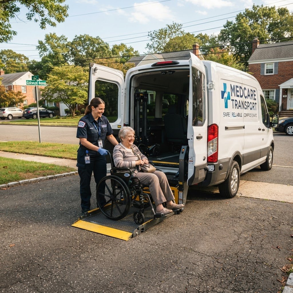 Medical transport driver assisting a patient in a wheelchair onto a hydraulic lift of a wheelchair-accessible van, professional and caring, suburban New Jersey